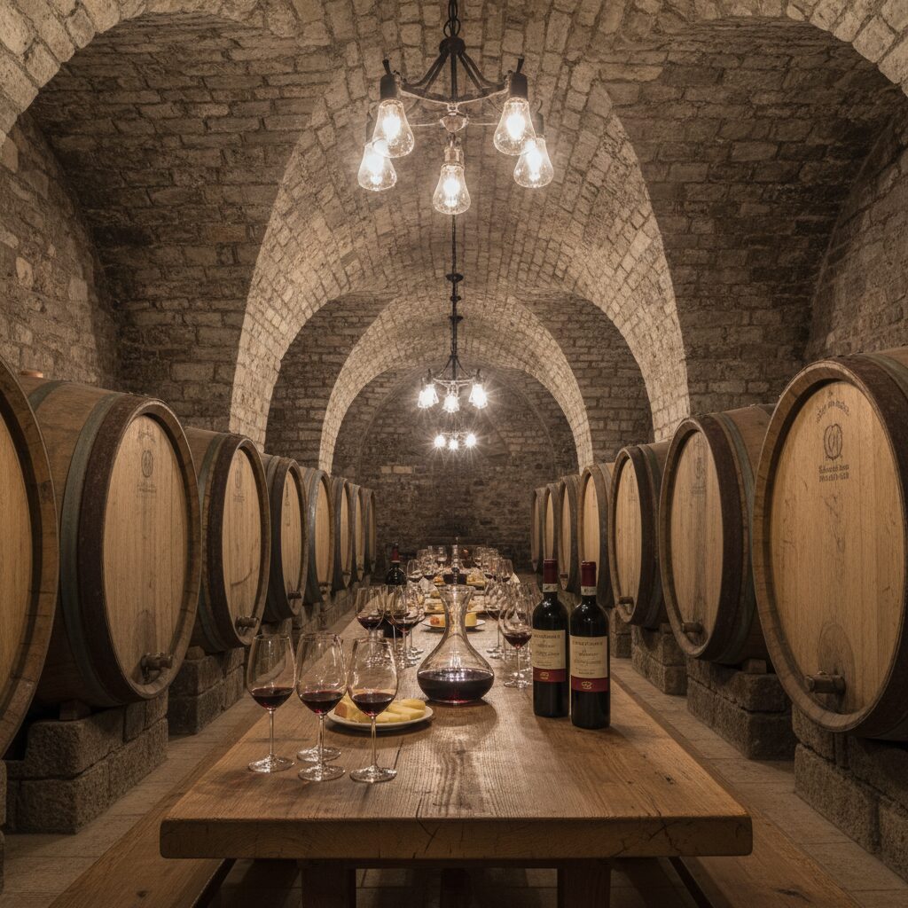 A historic wine cellar in Barolo during a wine tasting