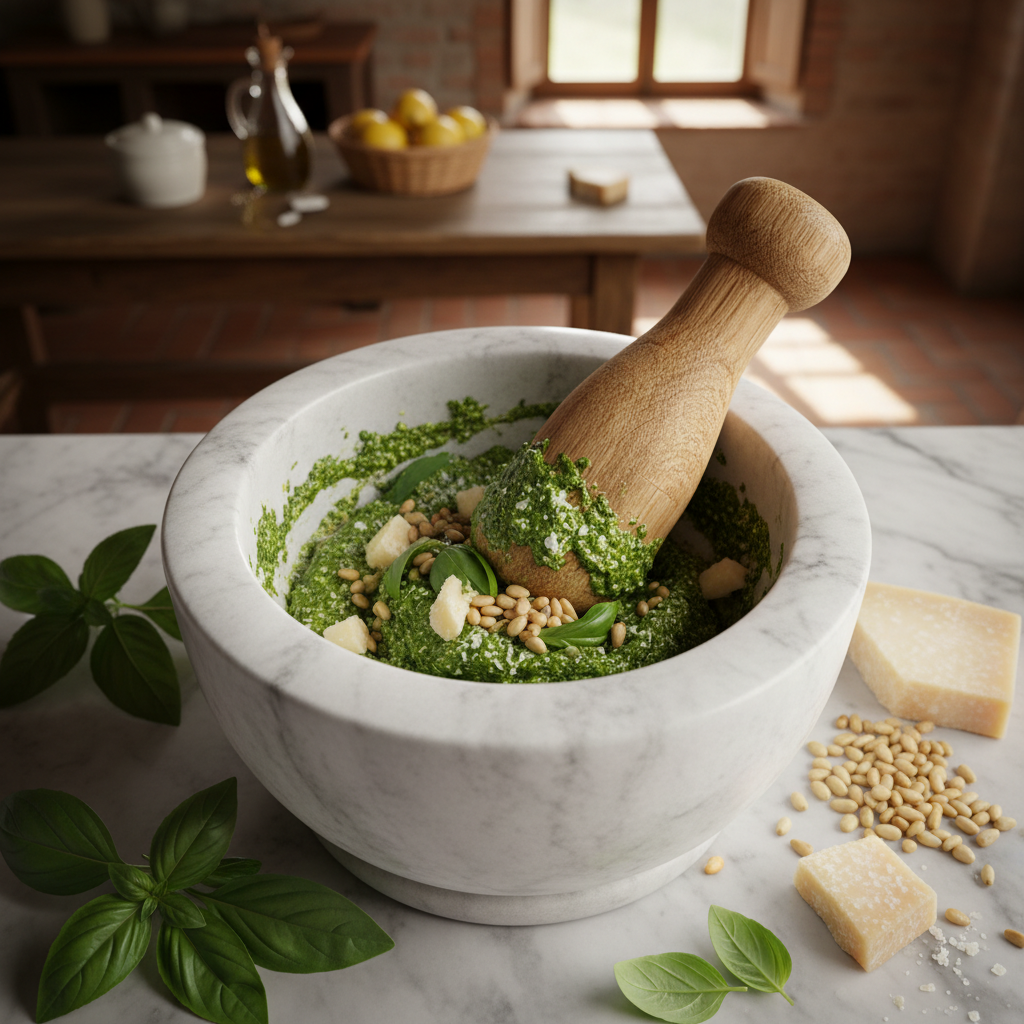 Preparazione del pesto genovese nel mortaio di marmo