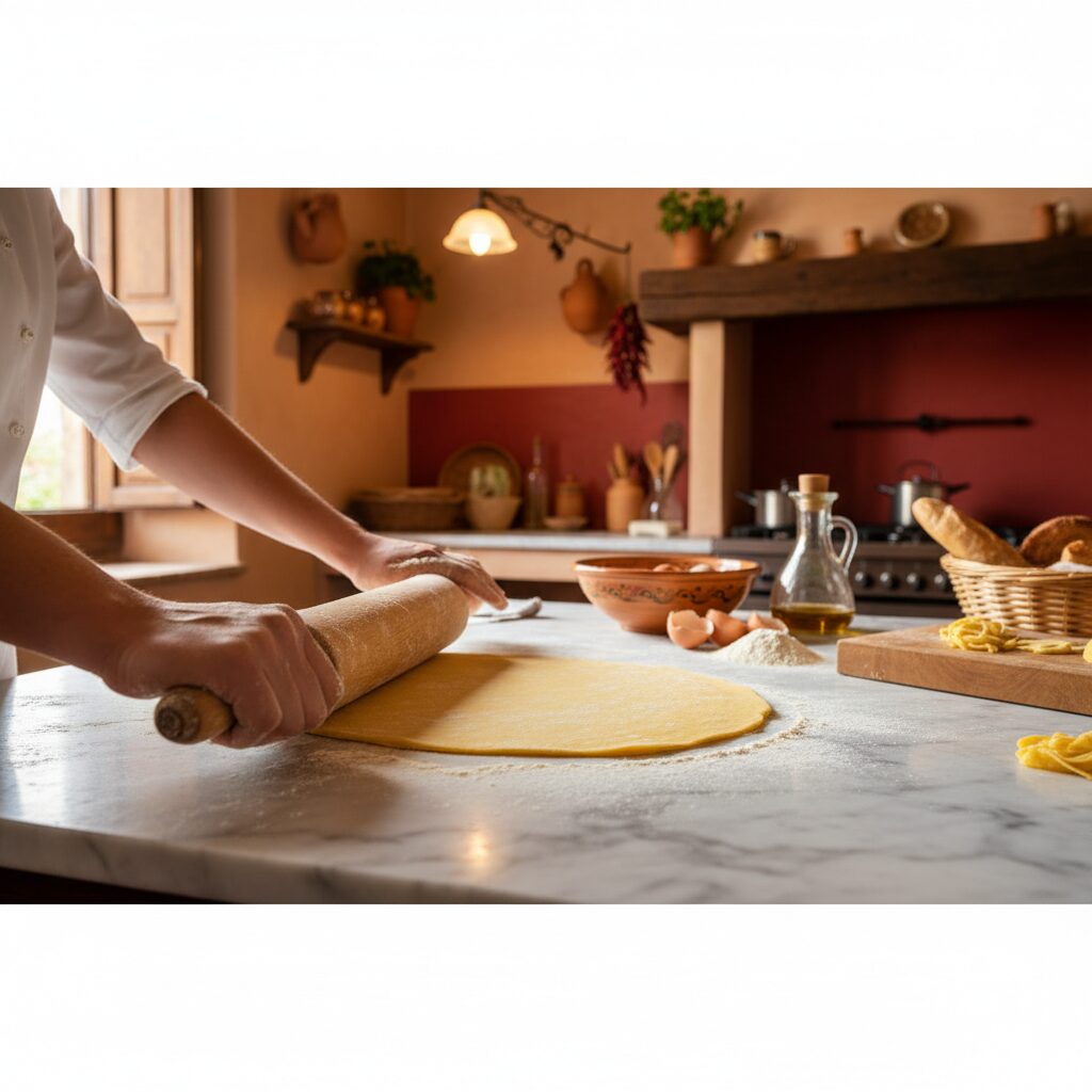 Mani che stendono la sfoglia per pansoti con mattarello di legno