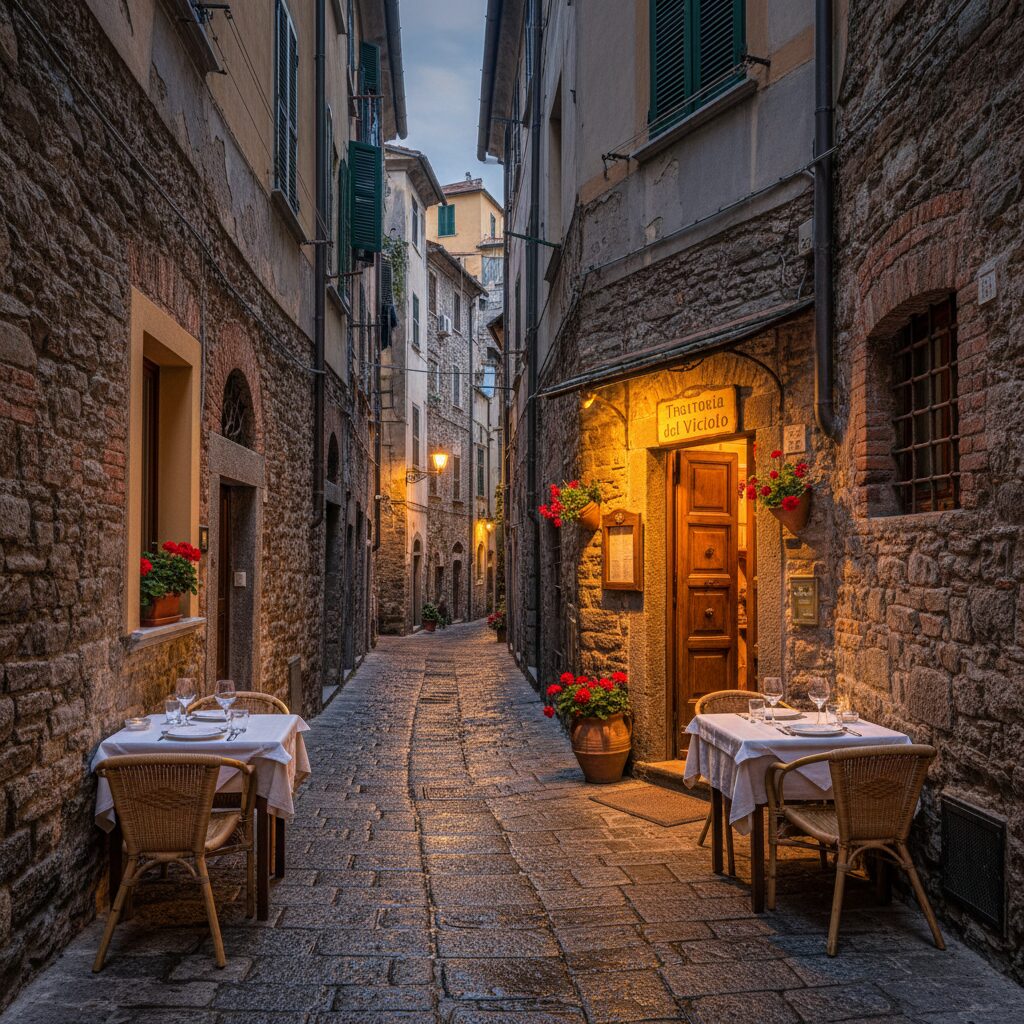 Stretto caruggio del centro storico genovese con antica sciamadda
