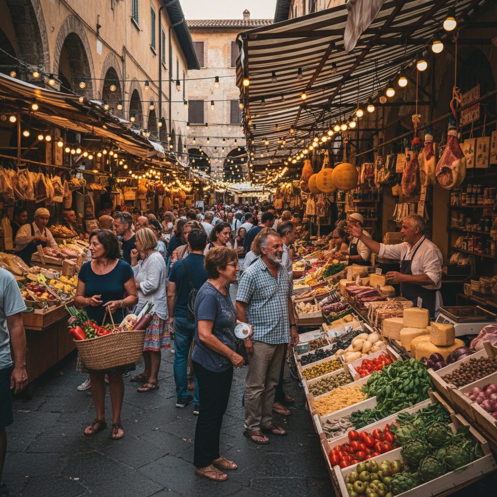 Italian market stall with porcini mushrooms, chestnuts and artichokes in autumn