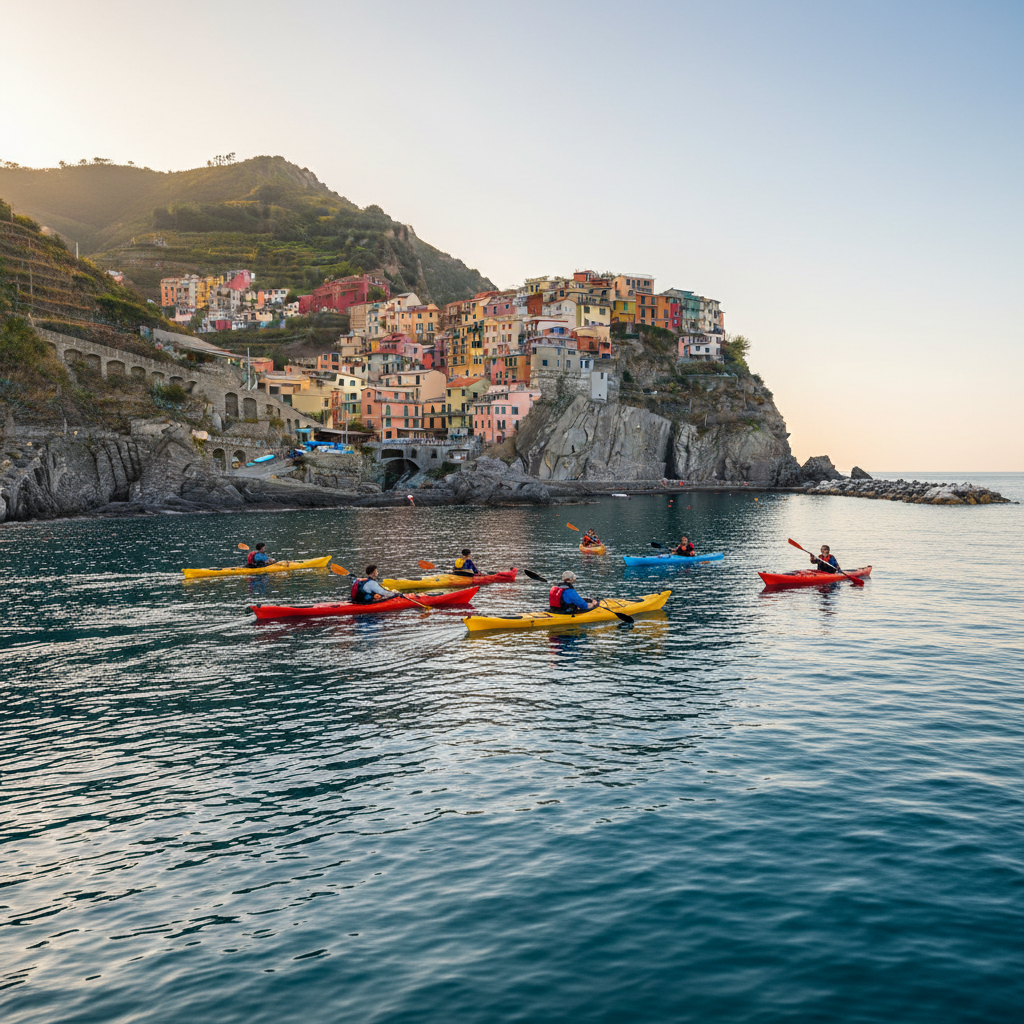 Gruppo di kayak lungo la costa ligure