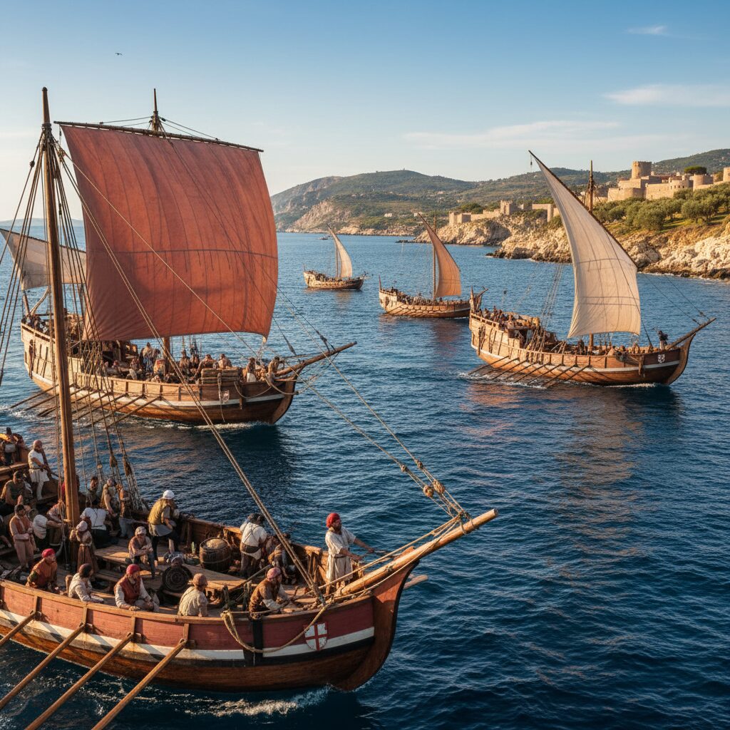 Galee genovesi medievali in battaglia navale nel Mediterraneo