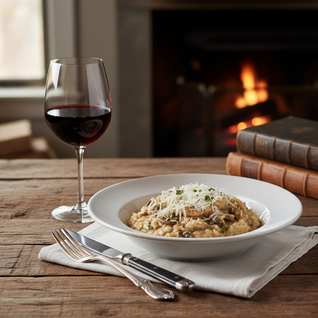 Mushroom risotto in a white bowl with a glass of red wine