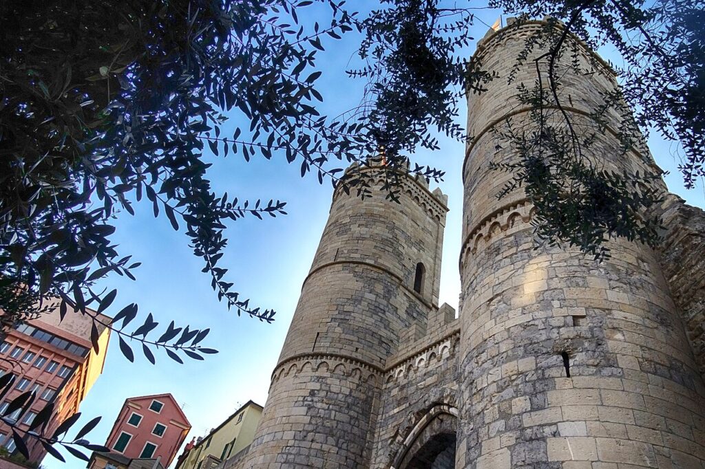 The twin towers of Porta Soprana, ancient medieval gate of Genoa from the 12th century