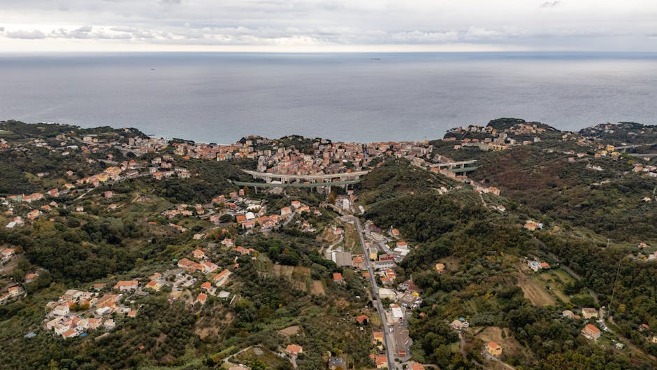 View from above of Varese Ligure with its characteristic medieval circular urban plan