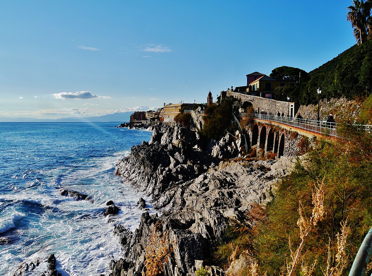 Stone staircase descending toward the sea through the gardens of Nervi