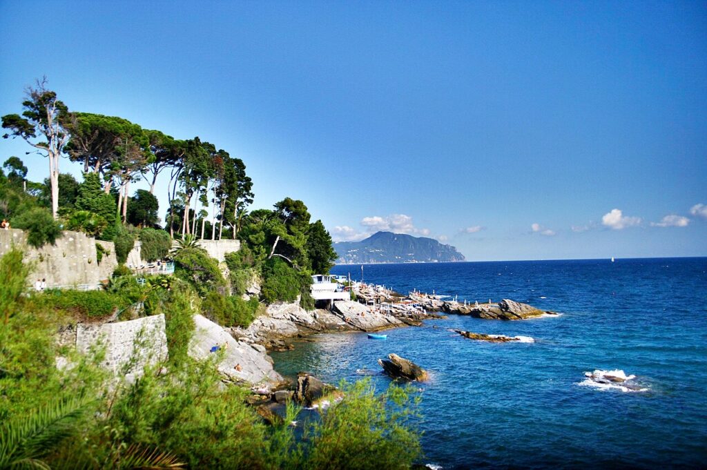 La costa di Nervi con i pini marittimi e Portofino sullo sfondo