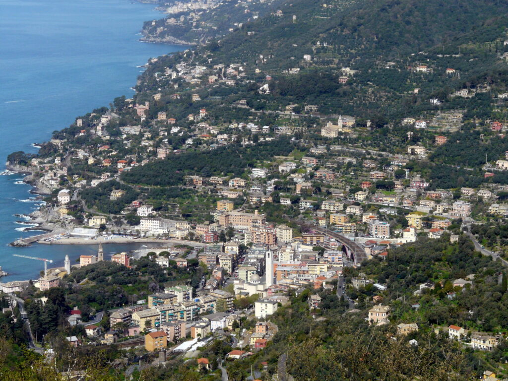 Panoramic view of Recco and the Golfo Paradiso, seen from the Caravaggio Sanctuary
