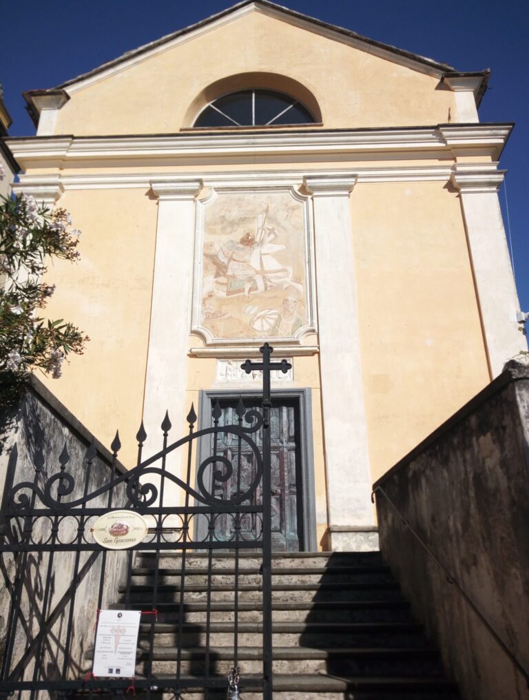 The facade of the Oratory of San Giacomo in Levanto with the saint's fresco