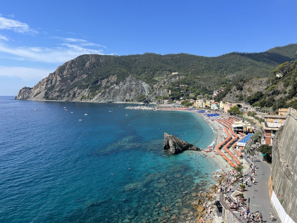 The bay of Monterosso al Mare with crystal-clear turquoise waters and the Cinque Terre coastline