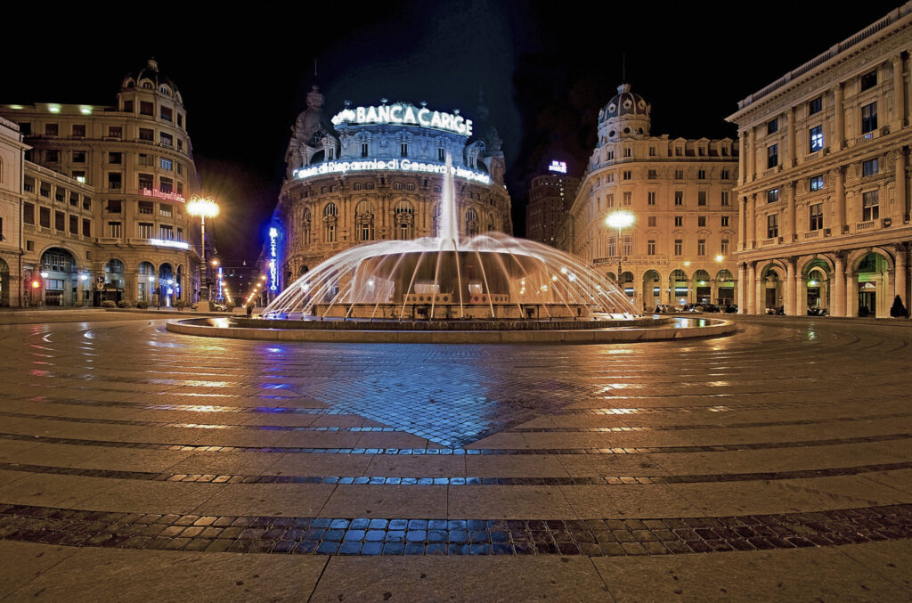 Piazza De Ferrari e la fontana di notte