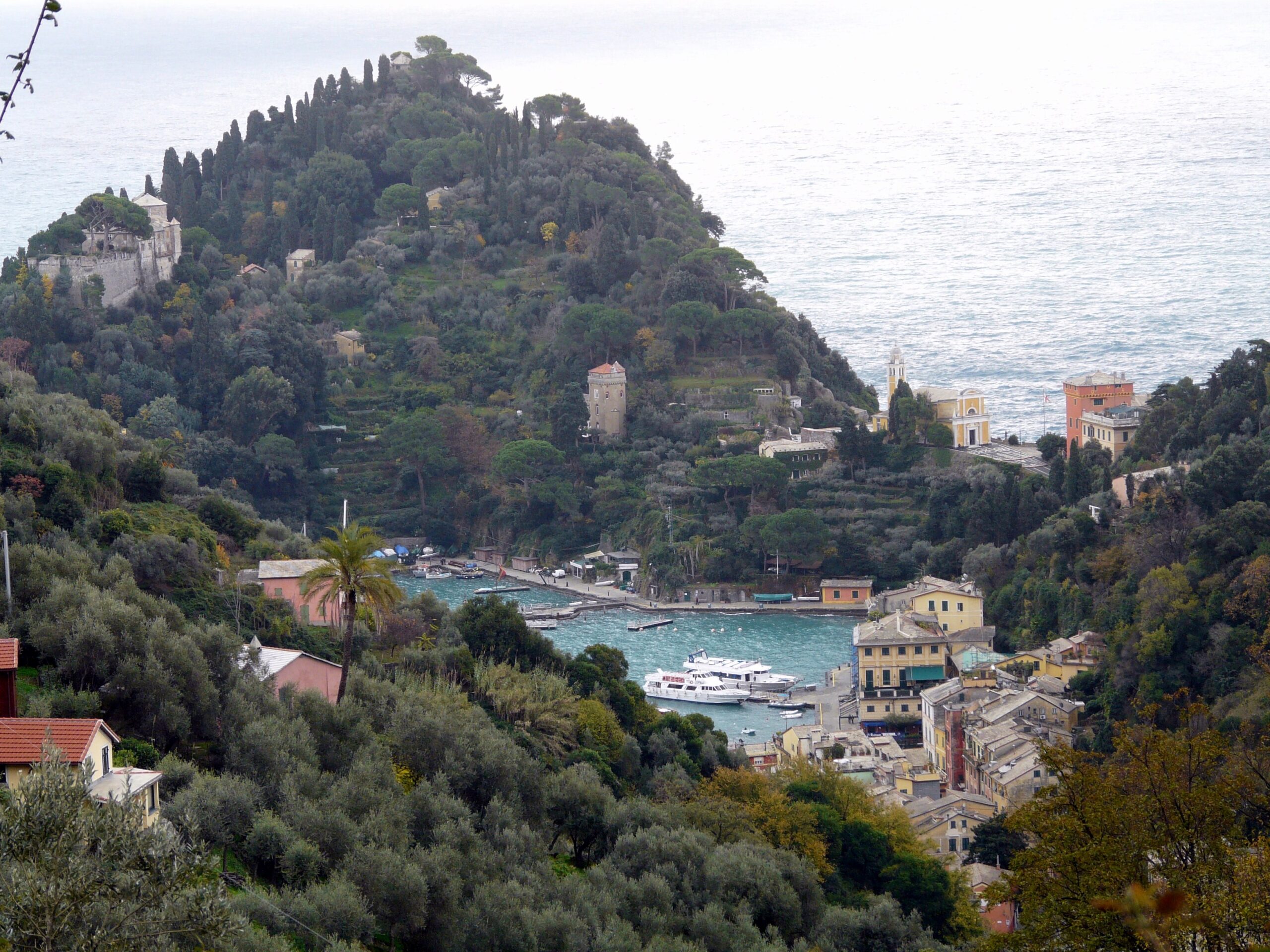Panoramic view of Portofino from the San Sebastiano chapel trail