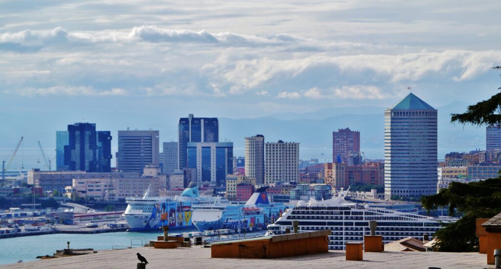 View of the Old Port and Genoa skyline from Belvedere Montaldo in Castelletto