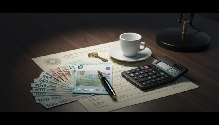 Scrivania con banconote euro, calcolatrice e modulistica fiscale italiana: la riforma 2026 degli affitti brevi