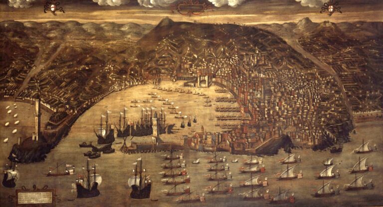 Vista a volo d'uccello del porto di Genova nel 1481 dipinta da Cristoforo Grassi
