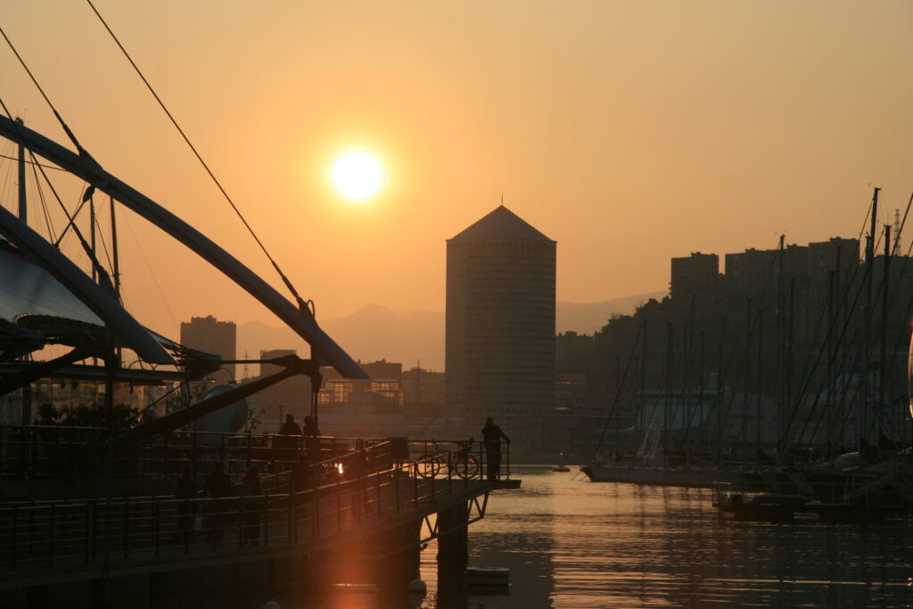 Genoa's Porto Antico at sunset