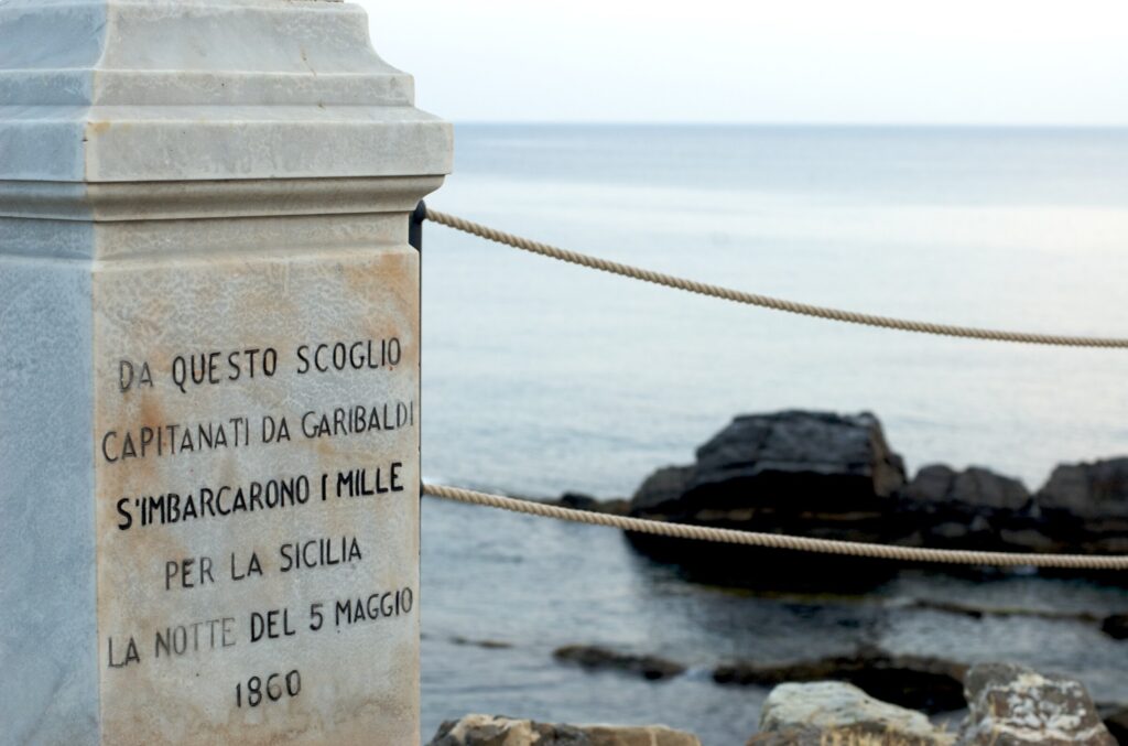 The commemorative stele on the rock at Quarto from which the Thousand set sail for Sicily on May 5, 1860