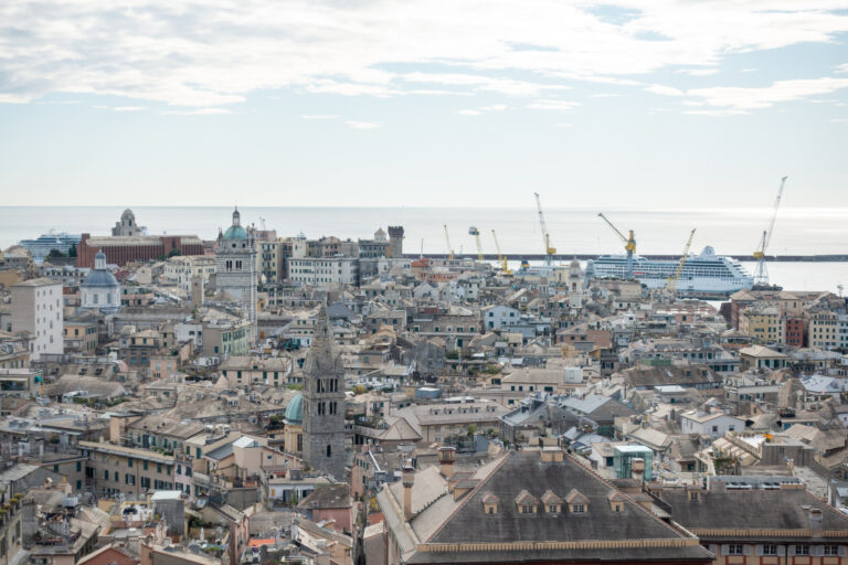 Tetti e campanili del centro storico di Genova con il porto sullo sfondo