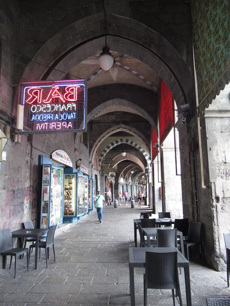 The portico of Sottoripa with its medieval gray stone arcades