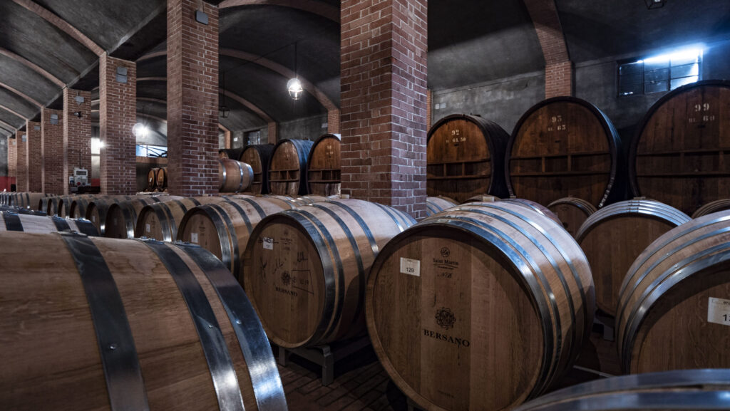 Botti di rovere in una barricaia piemontese durante l’affinamento del vino