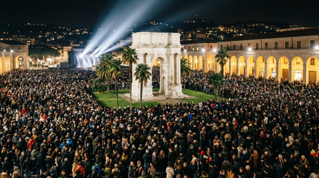 Folla al concerto di Capodanno in una piazza monumentale di Genova