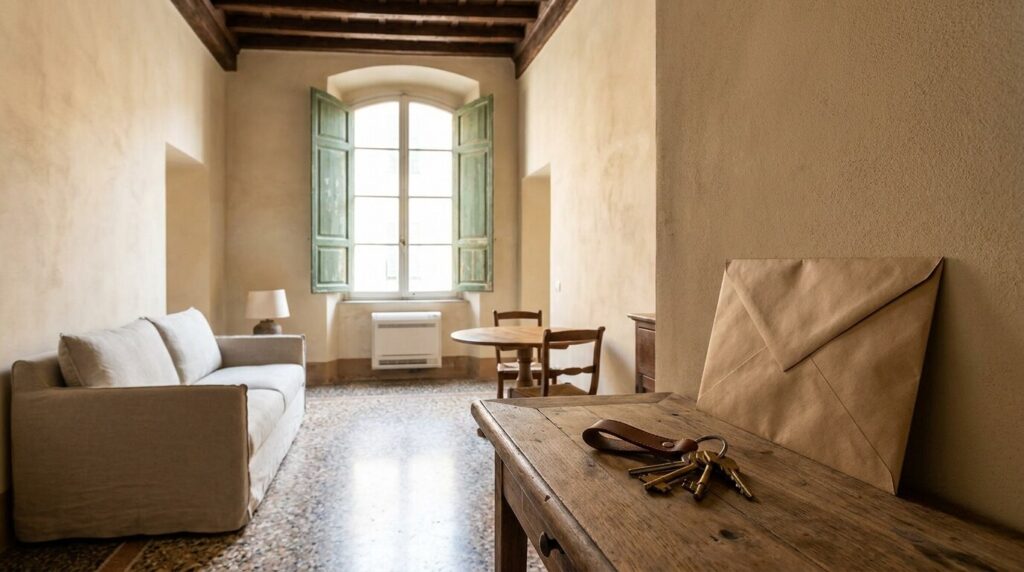 Soggiorno arredato di un appartamento in un palazzo storico con chiavi sul mobile d'ingresso