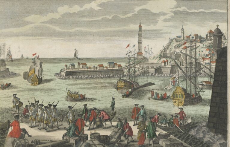 Stampa settecentesca del porto di Genova con la Lanterna, le navi e i soldati della Repubblica