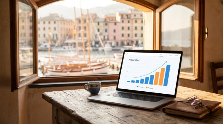 Laptop con grafico di pricing dinamico su un tavolo affacciato sul porto ligure